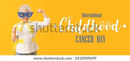Banner for International Childhood Cancer Day with little girl dressed as superhero Royalty-Free Stock Photo #2410909699