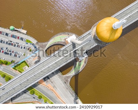 Raja Isteri Pengiran Anak Hajah Saleha Bridge in Bandar Seri Begawan Aerial View. Bandar Seri Begawan, the capital of Brunei Darussalam. Borneo. Southeast Asia. Royalty-Free Stock Photo #2410929017