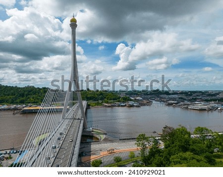 Raja Isteri Pengiran Anak Hajah Saleha Bridge in Bandar Seri Begawan Aerial View. Bandar Seri Begawan, the capital of Brunei Darussalam. Borneo. Southeast Asia. Royalty-Free Stock Photo #2410929021