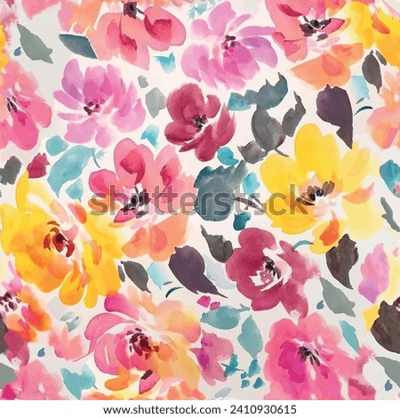 Seamless flower pattern with watercolor textured abstract floral and leaf background elements in pink, yellow, red and blue