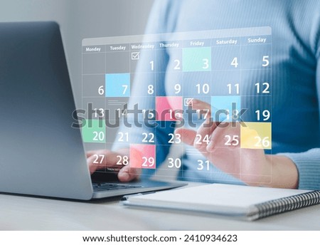Planning and Scheduling Calendar of meetings, events and activities Time management Notifications and reminders of important events Woman sitting with laptop on work calendar