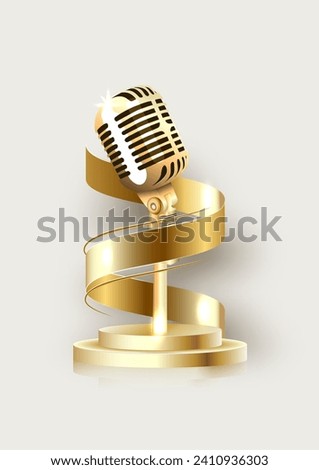 A gold cup made of ribbon and a retro microphone, highlighted on a white background. Vector realistic 3d illustration. A reward for music. The concept of victory