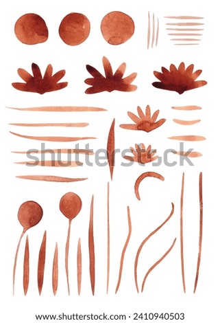 Watercolor strokes, lines, flowers and blots. Set of abstract elements. Burnt umber color