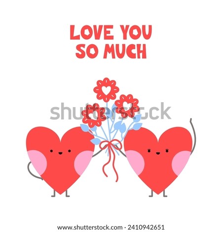 Love couple of heart characters holding a bouquet of flowers in a flat cartoon style. Love you so much sign lettering. Valentine's day sticker illustration Royalty-Free Stock Photo #2410942651