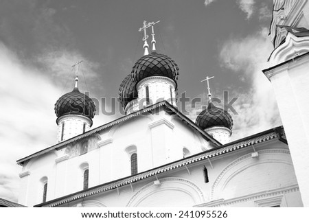 Church of Elijah the Prophet in Yaroslavl (Russia) famous by its original 17th century frescoes. UNESCO World Heritage Site. Black and white photo.