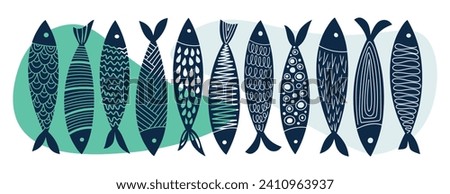 Collection of vector hand-drawn cute abstract fish in flat style. Fish body, vector icons. Vector illustration for icon, logo, print, icon, pattern, clipart