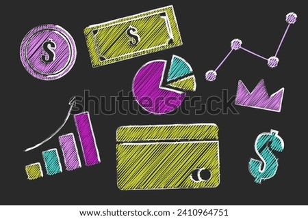 Scribble doodle set with money and finance, collage style infographic with neon colors