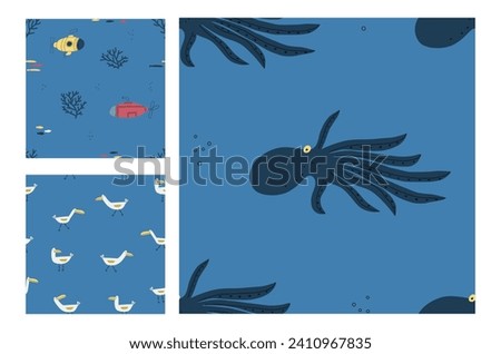 Set of Colorful marine design with octopus, seagull. Unique cup or bag design, house poster, greeting card, clothes, fabric, paper, cover, interior decoration, background, banner, card, poster, book.