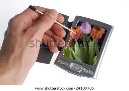 Hand with stylus and laptop