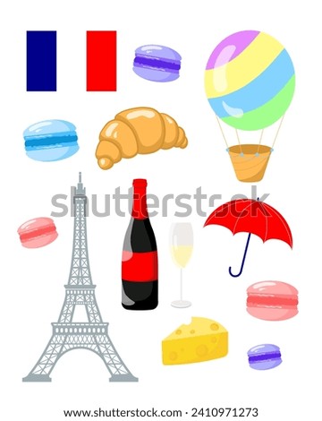 Vector illustrations on the theme of France Stickers. French flag, macaroons, balloon, croissant, The Eiffel Tower, umbrella, cheese, a bottle of champagne and a glass. Vector illustration