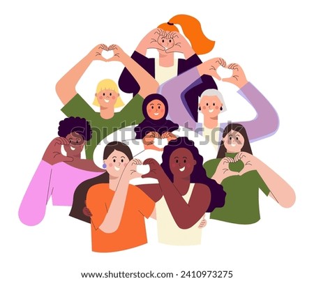 Inspire inclusion concept with diverse women making heart gesture for International Women's day. IWD 2024 composition ideal for print, t shirt, tee, card, sticker. Vector illustration Royalty-Free Stock Photo #2410973275