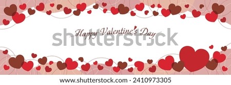 Long horizontal Valentine's banner frame in fluid shape with red and chocolate-colored hearts scattered above and below. Royalty-Free Stock Photo #2410973305