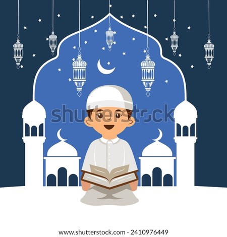 A arab boy reading holly quran vector clip art design in ramadan moth