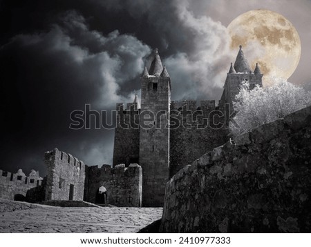 Mysterious medieval castle in a cloudy full moon night.