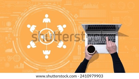 Top view of hands using laptop with symbol of public relations concept Royalty-Free Stock Photo #2410979903