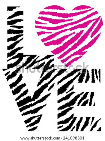 Retro-styled text design of LOVE with a heart in an animal pattern.