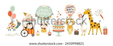 Birthday cute animals collection. Vector hand-drawn cartoon set illustration of festive elements and funny characters. Vintage cheerful pastel palette, decorating childish holidays cards, invitations