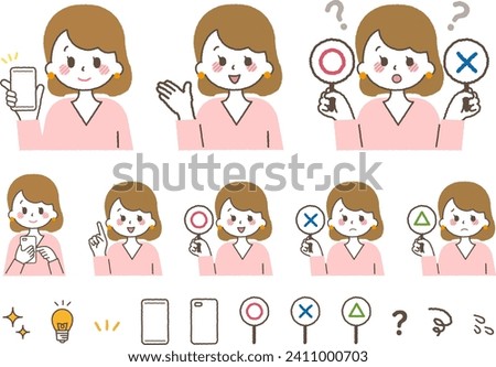 A woman making various gestures. Finger pointing, true or false quiz., and introductions on smartphones.