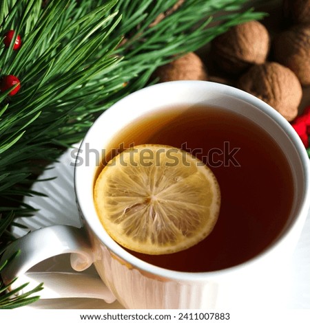 A cup of morning tea with lemon and walnuts against a background of green branches of a Christmas tree. Decorations for the New Year and Christmas. A place for congratulations.