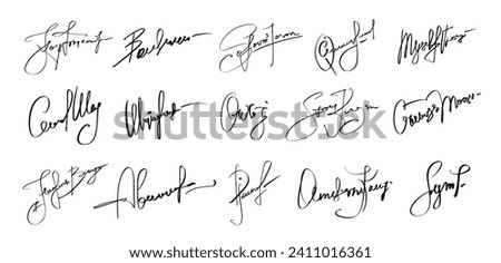 Autograph signatures pack, name facsimile handwritten by pen names, isolated vector set. Document signatures of personal name letters and surname in handwriting or facsimile for fake example Royalty-Free Stock Photo #2411016361