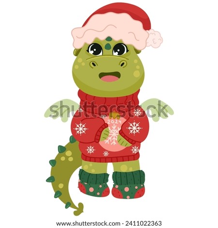 Cute green Christmas dragon in winter hat. Year of the Dragon 2024, Chinese calendar.