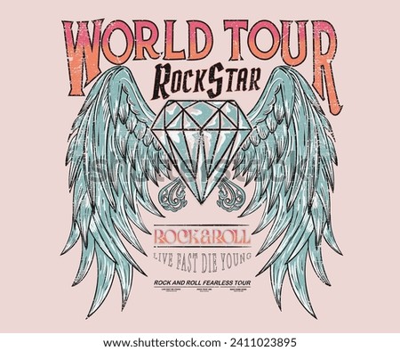 Rock and roll vintage print design. Music world tour vector artwork for apparel, stickers, posters, background and others. Eagle wing and diamond design. Rebel rock music poster design.
