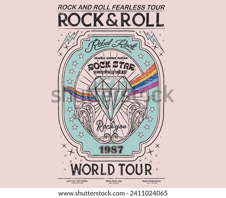 Rock and roll vintage print design. Music world tour vector artwork for apparel, stickers, posters, background and others. Rainbow and diamond design. Rebel rock music poster design. Royalty-Free Stock Photo #2411024065