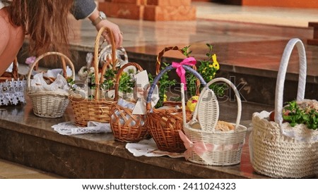 Decorated Traditional Polish Easter Baskets Prepared for Blessing on Holy Saturday Church Service Royalty-Free Stock Photo #2411024323