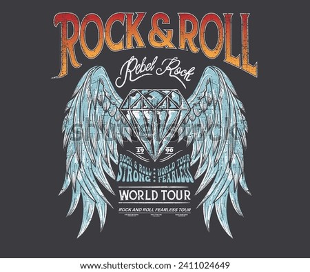 Eagle wing and diamond design. Rebel rock music poster design. Rock and roll vintage print design. Music world tour vector artwork for apparel, stickers, posters, background and others.  Royalty-Free Stock Photo #2411024649