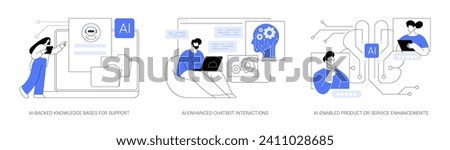 Natural language technology in Customer Service abstract concept vector illustration set. AI-Backed Knowledge Base for Support, Chatbot Interaction, Product or Service Enhancement abstract metaphor. Royalty-Free Stock Photo #2411028685