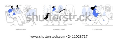 City park activities isolated cartoon vector illustrations set. Happy weekend, horseback riding, cycling track, eating pizza together, biking route, active pastime, leisure time vector cartoon. Royalty-Free Stock Photo #2411028717