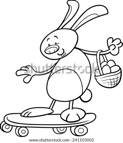 Black and White Cartoon Vector Illustration of Cute Bunny with Easter Eggs on Skateboard for Coloring Book