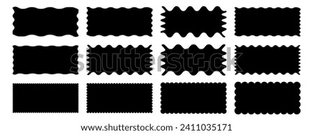 Rectangle shape frame with zigzag edge. Rectangular jagged curved box element. Geometric zig zag wavy stickers. Wiggly undalute square badge, vector illustration for poster, banner, social media Royalty-Free Stock Photo #2411035171