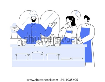 Cooking classes isolated cartoon vector illustrations. Professional chef conducting culinary classes with a group of students, healthy nutrition, cooking practical skills vector cartoon. Royalty-Free Stock Photo #2411035605