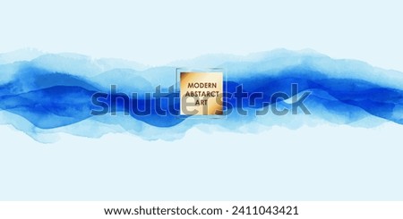 Abstract blue watercolor background with waves, foggy mountains, clouds. Ink washes. Soft minimal design.