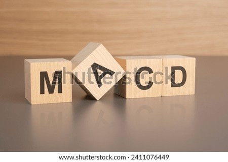 four wooden cubes with the letters MACD on the bright surface of a brown table. the inscription on the cubes is reflected from the surface of the table. business concept.