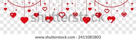 Red heart icons set. Valentine's day decoration. Valentine's day seamless banner or border. Hanging hearts seamless border isolated on transparent background. Hearts garland. Royalty-Free Stock Photo #2411081803