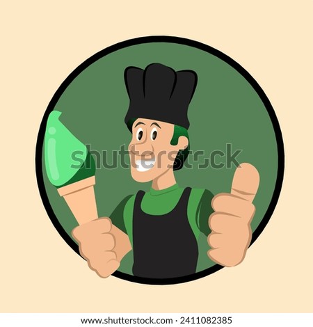 illustration of a chef character design holding ice cream isolated in a circle, character design of a man selling ice cream with a cartoon theme suitable for advertising and promotions