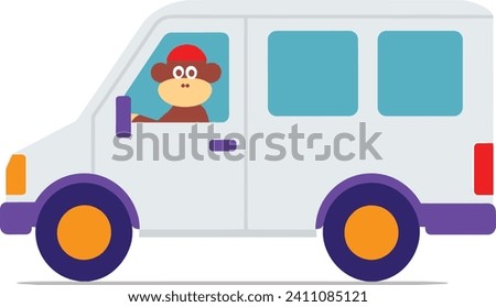 A monkey is driving a white van in this colorful vector illustration.
