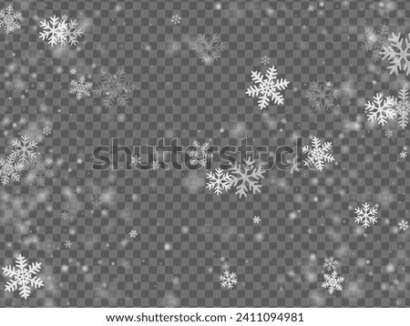 Minimal falling snowflakes wallpaper. Snowstorm speck ice shapes. Snowfall sky white transparent background. Vivid snowflakes december vector. Snow nature scenery.