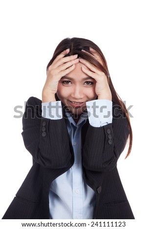 Happy young Asian businesswoman with hand on her head  isolated on white background