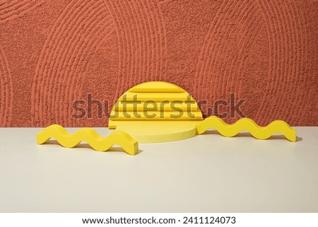 summer podium style with wavy props for product, stylish showcase, yellow and red podium like a sunset on the beach. mock up for exhibition, presentation of goods, pedestal shape, display stage Royalty-Free Stock Photo #2411124073