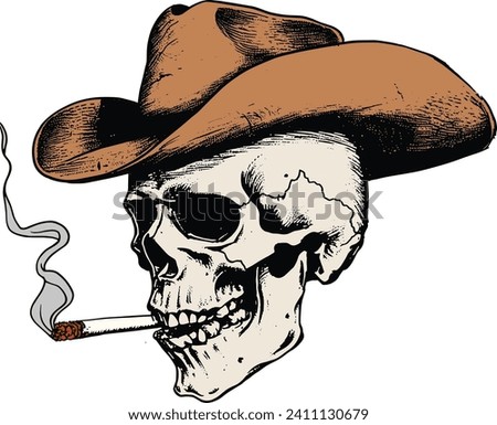 Skull Smoking Western Style Cowboy Head, Cowboy Hat