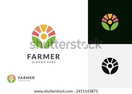 agriculture or farmer logo icon design with sun graphic element symbol for agronomy, rural country farming field vector logo template Royalty-Free Stock Photo #2411143871