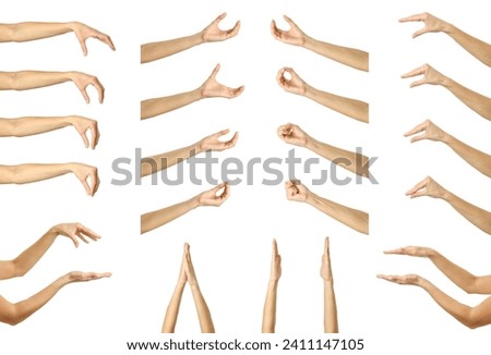 Hands measuring invisible items gesture. Multiple images set of female caucasian hand with french manicure Hands measuring something isolated over white background Royalty-Free Stock Photo #2411147105