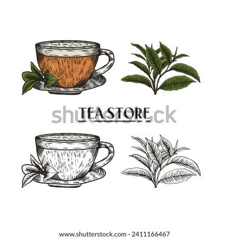 Hand drawn tea cup and tea leaf illustration in engraving style for menu or cafe. Royalty-Free Stock Photo #2411166467