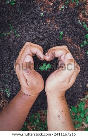 Love hand gesture to go green and care for environment, replanting tree