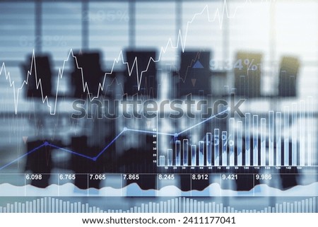 Abstract virtual financial graph hologram on a modern conference room background, forex and investment concept. Multiexposure