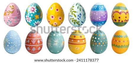 Collection of colourful hand painted decorated easter eggs on white background cutout file. Pattern and floral set. Many different design. Mockup template for artwork design Royalty-Free Stock Photo #2411178377