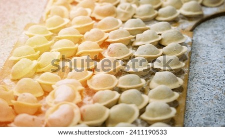 Homemade dumplings close-up. handmade dumplings on a wooden board, selective focus, tinted image, traditional Russian dish,